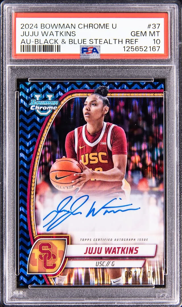 2024 Topps Juju Watkins Bowman Chrome University Autograph Black & Blue Stealth Refractor #37 card image