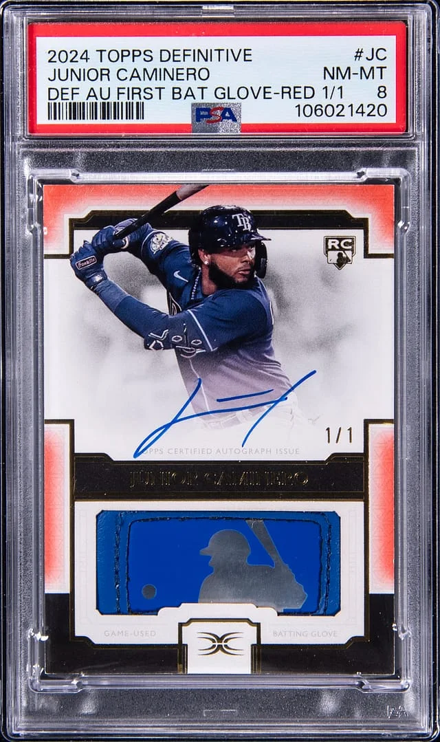 2024 Topps Junior Caminero Definitive Collection Definitive Autograph First Batting Glove Red #DABG-JC card image