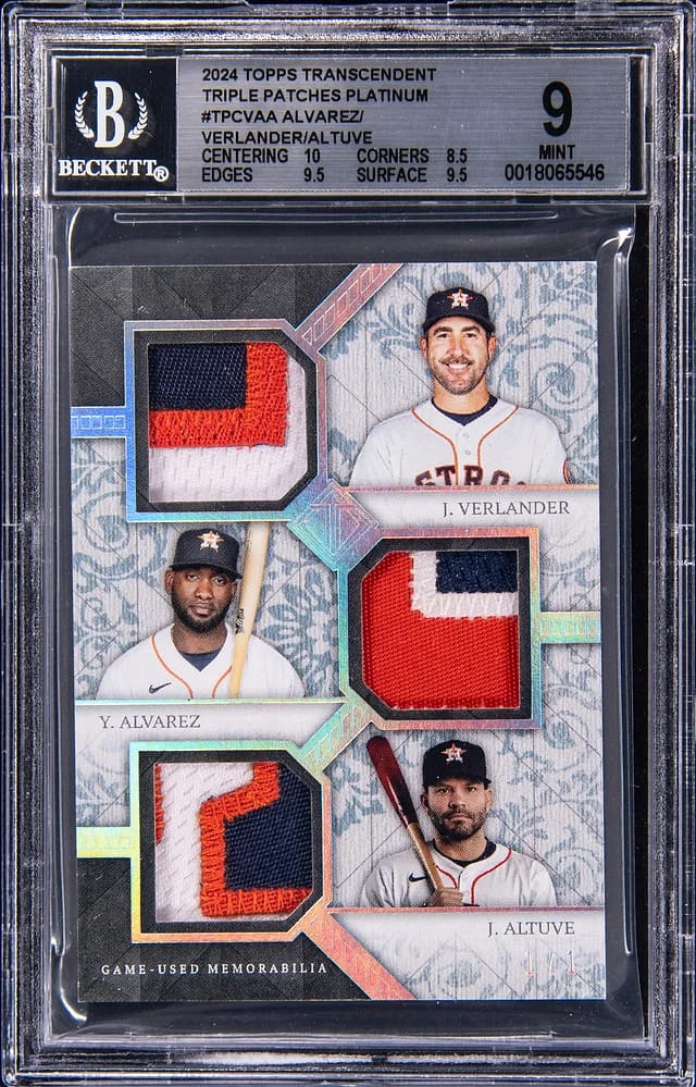 2024 Topps Justin Verlander/Yordan Alvarez/Jose Altuve Game-Used Transcendent Collection Triple Patches Platinum #TPC-VAA card image