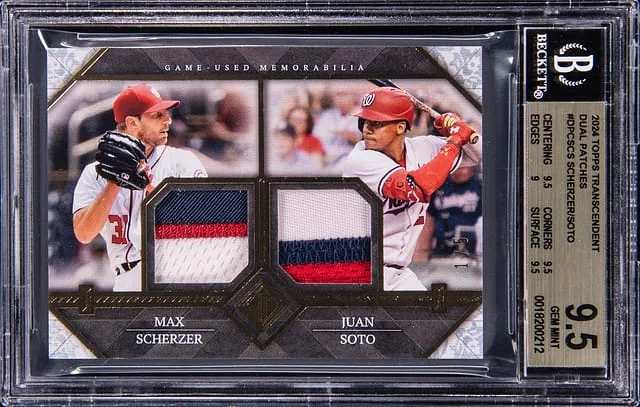 2024 Topps Max Scherzer/Juan Soto Game-Used Transcendent Collection Dual Patches #DPC-SCS card image