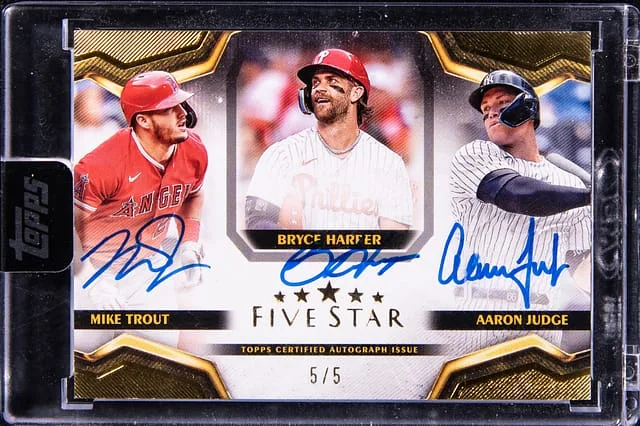 2024 Topps Mike Trout/Bryce Harper/Aaron Judge Triple Five Star Triple Autographs #SD-THJ card image