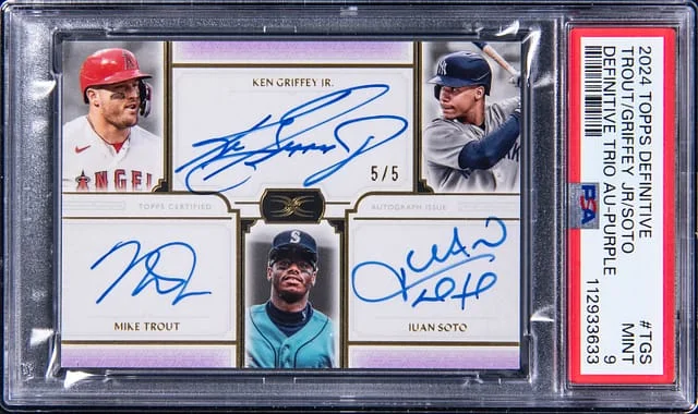 2024 Topps Mike Trout/Ken Griffey Jr./Juan Soto Multi-Signed Definitive Collection Definitive Trio Autographs Purple #DDAC-TGS card image