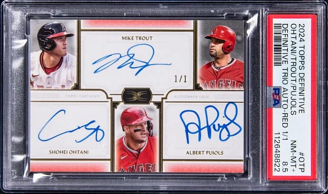 2024 Topps Mike Trout/Shohei Ohtani/Albert Pujols Multi-Signed Definitive Collection Definitive Trio Autographs Red #DDAC-OTP card image