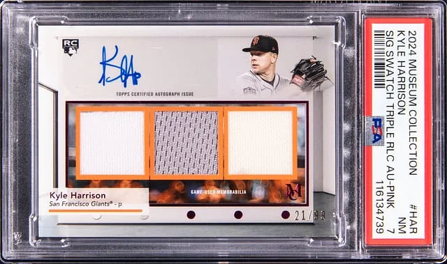 2024 Topps Museum Collection Kyle Harrison Signature Swatch Triple Relic Autograph Pink #HAR card image