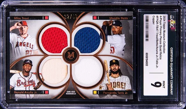 2024 Topps Museum Collection Mike Trout/Mookie Betts/Ronald Acuna Jr./Fernando Tatis Jr. Multi-Relic 4-Player Primary Piece Quad Relics Copper #FPQR-TBAT card image