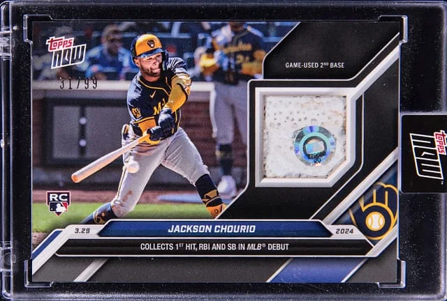 2024 Topps Now Jackson Chourio Relic - Topps Encased Collects 1st Hit, RBI and SB in MLB Debut #16B card image
