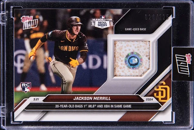 2024 Topps Now Jackson Merrill Relic - Topps Encased 20 Year old Bags 1st MLB and XBH in Same Game #4A card image