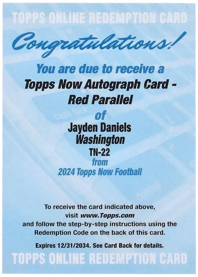 2024 Topps Now Jayden Daniels Redemption Autographs Red #TN-22 card image