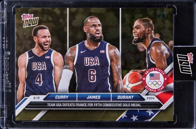 2024 Topps Now Stephen Curry/LeBron James/Kevin Durant - Topps Encased Olympic Gold #26 card image