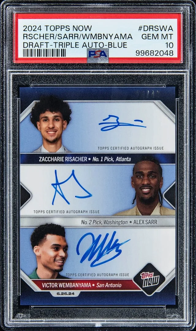2024 Topps Now Victor Wembanyama/Zaccharie Risacher/Alex Sarr Multi-Signed Draft Triple Autographs Blue #D-RSWA card image