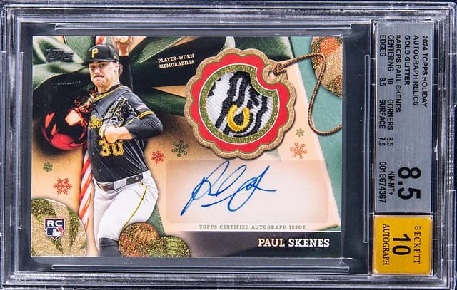 2024 Topps Paul Skenes Holiday Autograph Relics Gold Glitter #ARCPS card image