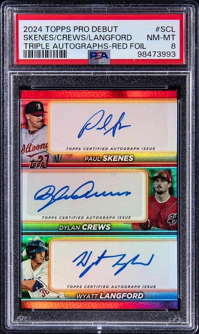 2024 Topps Pro Debut Paul Skenes/Dylan Crews/Wyatt Langford Multi-Signed Triple Autographs Red Foil #PDTA-SCL card image