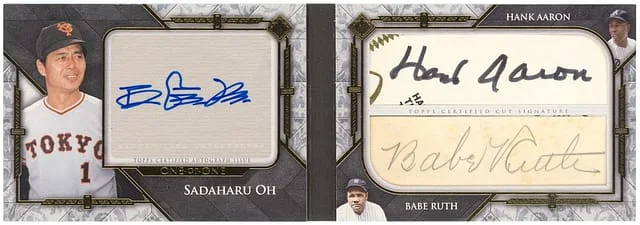 2024 Topps Sadaharu Oh/Babe Ruth/Hank Aaron Multi-Signed Transcendent Autograph Dual Cut Signature Booklet #DCSBC-RAO card image
