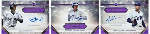 2024 Topps Shohei Ohtani/Ichiro/Yoshinobu Yamamoto Multi-Signed Luminaries Guiding Light Triple Autograph Book Purple #GTLA-IOY card image