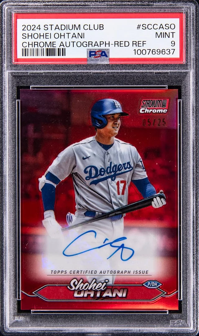 2024 Topps Stadium Club Chrome Shohei Ohtani Autographs Red Refractor #SCCA-SO card image