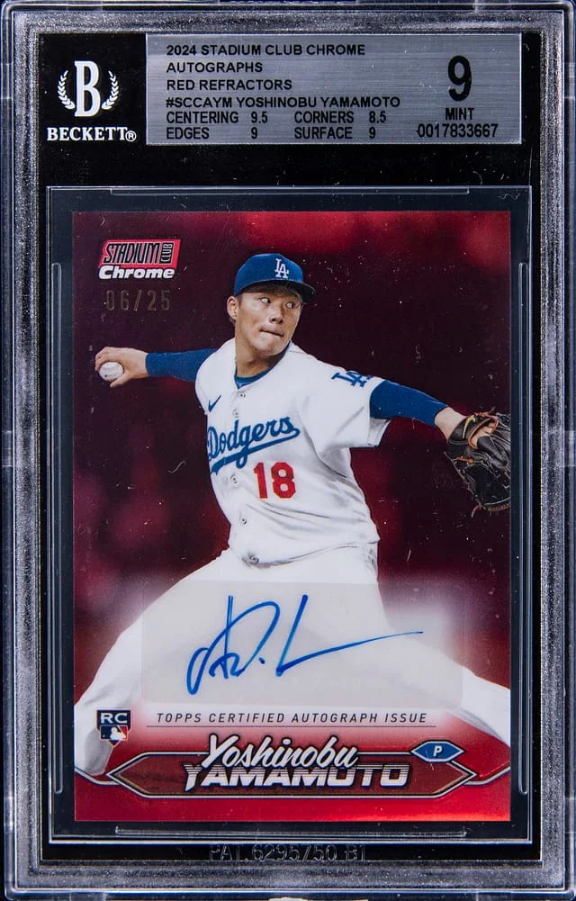 2024 Topps Stadium Club Chrome Yoshinobu Yamamoto Autographs Red Refractors #SCCA-YM card image
