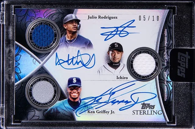 2024 Topps Sterling Julio Rodriguez/Ichiro/Ken Griffey Jr. Multi-Signed Game-Used Relic Card - Topps Encased Sets Triple Autograph Relics #SSTAR-RIG card image