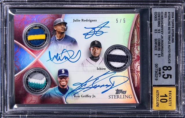 2024 Topps Sterling Julio Rodriguez/Ichiro/Ken Griffey Jr. Multi-Signed Game-Used Sets Triple Autograph Relics Red #SSTAR-RIG card image