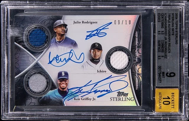 2024 Topps Sterling Julio Rodriguez/Ichiro/Ken Griffey Jr. Multi-Signed Sterling Sets Triple Autograph Relics #SSTAR-RIG card image