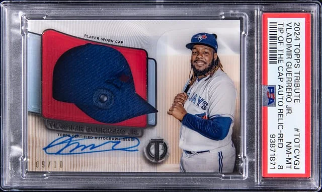 2024 Topps Tribute Vladimir Guerrero Jr. Tip of the Cap Autograph Relics Red #TOTC-VGJ card image