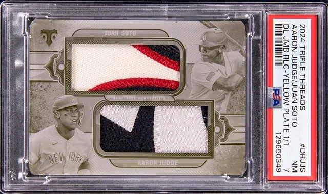 2024 Topps Triple Threads Aaron Judge/Juan Soto Dual Jumbo Relic Yellow Plate #DRJ-JS card image