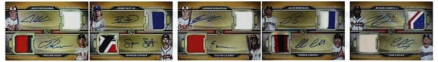 2024 Topps Triple Threads Bobby Witt Jr./Michael Harris II/Adley Rutschman/Gunnar Henderson/Julio Rodriguez/Evan Carter/Triston Casas/Spencer Strider/Elly De La Cruz/Corbin Carroll Multi-Signed Deca Autographed Relic Combo Book Card #DARCB-19 card image