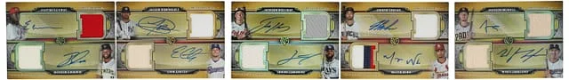 2024 Topps Triple Threads De La Cruz/Chourio/Dominguez/Carter/Holliday/Caminero/Lawlar/Winn/Merrill/Langford Multi-Signed Game-Used Deca Autographed Relic Combo Booklet Gold #DARCB-10 card image