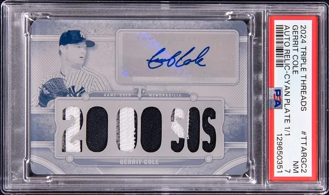 2024 Topps Triple Threads Gerrit Cole Autograph Relic Cyan Plate #TTAR-CC2 card image