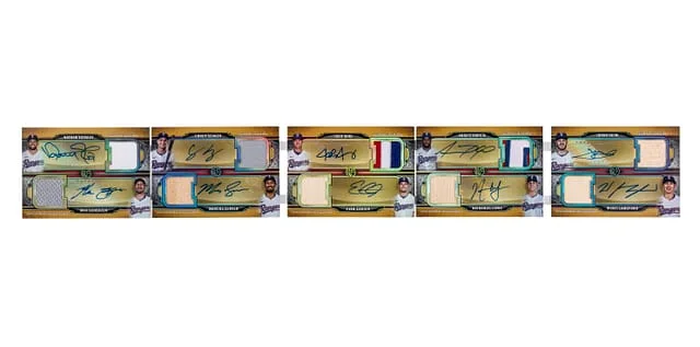 2024 Topps Triple Threads Heim/Eovaldi/Seager/Jung/Garcia/Langford/Scherzer/Semien/Carter/Lowe Multi-Signed Deca Autographed Relic Combo Booklet #DARCB-20 card image