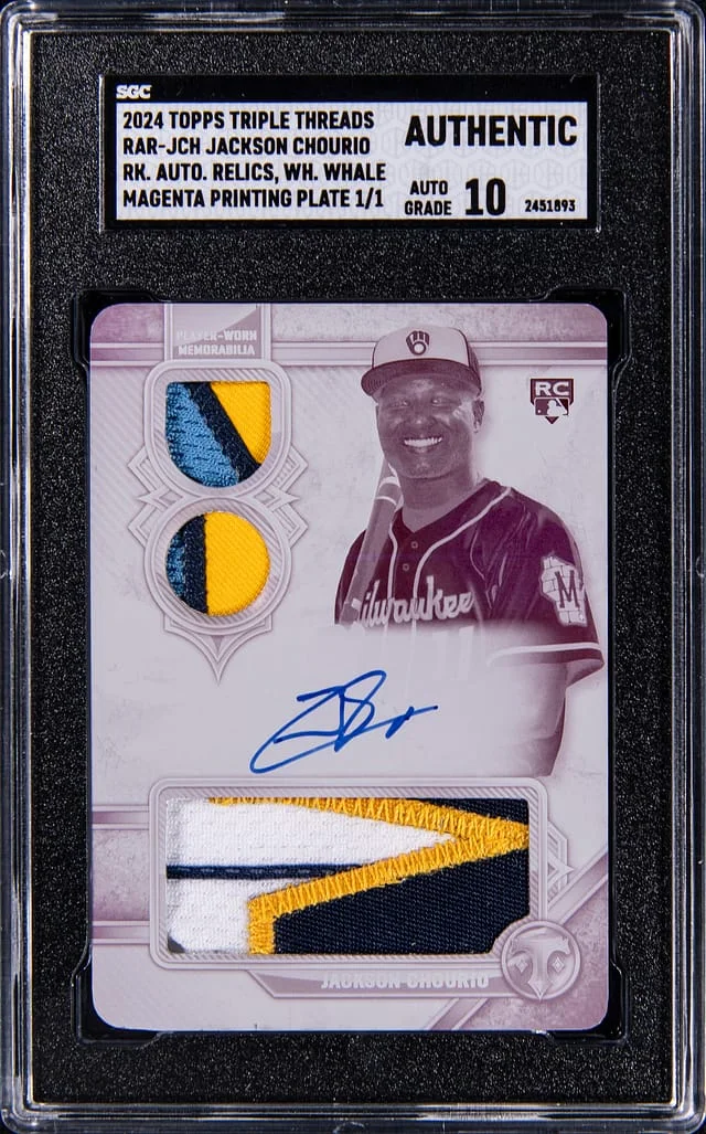 2024 Topps Triple Threads Jackson Chourio Autograph Relics White Whale Magenta Printing Plate #RAR-JCH card image