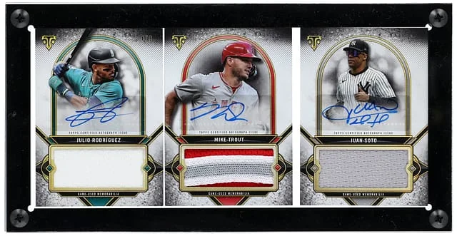 2024 Topps Triple Threads Juan Soto/Mike Trout/Julio Rodriguez Multi-Signed Game-Used Autographed Relic Combo Book Card #ACB-RTS card image