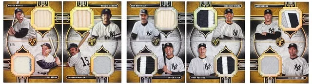 2024 Topps Triple Threads Mantle/Berra/Jackson/Munson/Mattingly/Jeter/Rivera/Pettitte/Judge/Rodriguez Multi-Relic Booklet Deca Relic Combo Book Card #DRC-4 card image