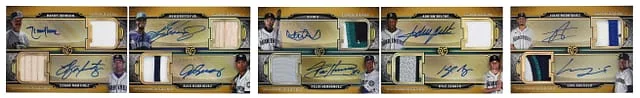 2024 Topps Triple Threads Rodriguez/Johnson/Griffey Jr./Ichiro/Beltre/Castillo/Martinez/Rodriguez/Hernandez/Seager Multi-Signed Game-Used Patch/Relic Deca Autograph Relic Combo Book Gold #DARCB-16 card image