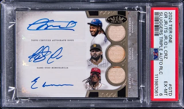 2024 Topps Vladimir Guerrero Jr./Fernando Tatis Jr./Elly De La Cruz Multi-Signed Game-Used Tier One Sluggers Triple Autograph Relics #T1ST-GTD card image