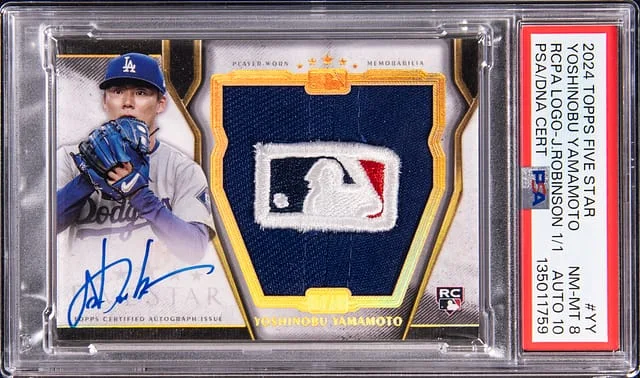 2024 Topps Yoshinobu Yamamoto Five Star Cap Patch Autograph Fathers Day MLB Logo #RCJM-YY card image