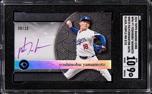 2024 Topps Yoshinobu Yamamoto Diamond Icons White Polychromatink Autograph Black, Purple Ink #WPA-YY card image