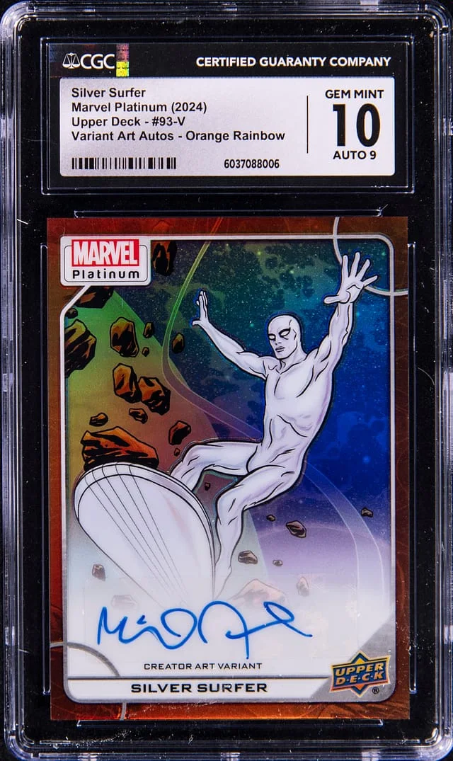 2024 Upper Deck Silver Surfer, Mike Allred Marvel Platinum Variant Art Autos Orange Rainbow #93-V card image