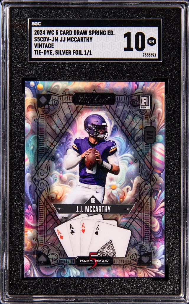 2024 Wild Card 5 Draw Spring Edition Vintage Tye-Dye Silver Foil J.J. McCarthy #S5CDV-JM card image