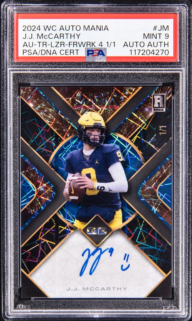 2024 Wild Card Auto Mania American Football Hobby Triple Lazer Fireworks 4 Autographs J.J. McCarthy #JM card image