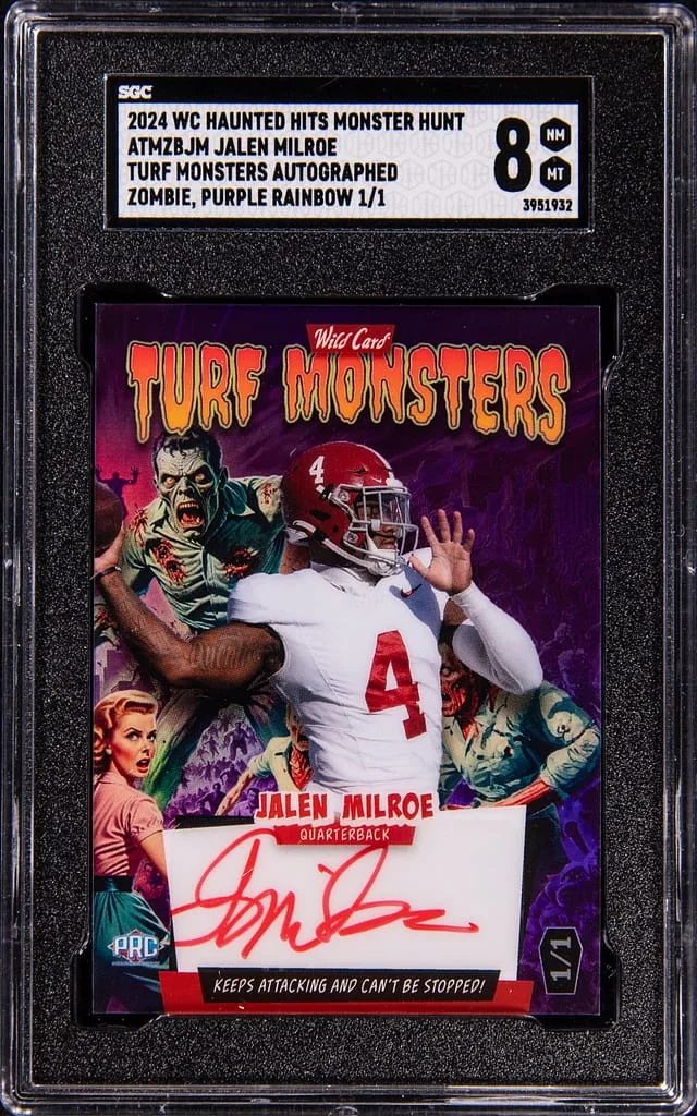 2024 Wild Card Haunted Hits Monster Hunt Turf Monsters Autograph Zombie Purple Rainbow Jalen Milroe #ATMZBJM card image