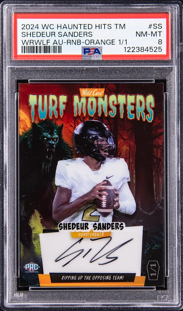 2024 Wild Card Haunted Hits Turf Monsters Werewolf Autographs Orange Rainbow Shedeur Sanders #ATMWWSS card image