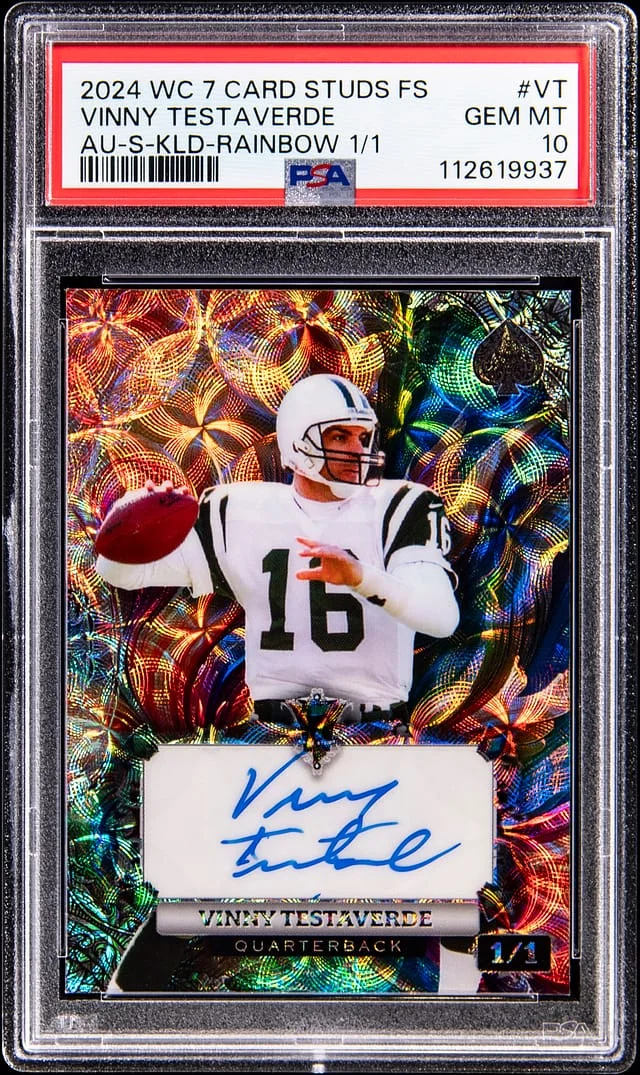 2024 Wildcard 7 Card Studs Hobby Fire Scrolls Autographs Silver Kaleidoscope Rainbow Vinny Testaverde #AS7CS-VT card image