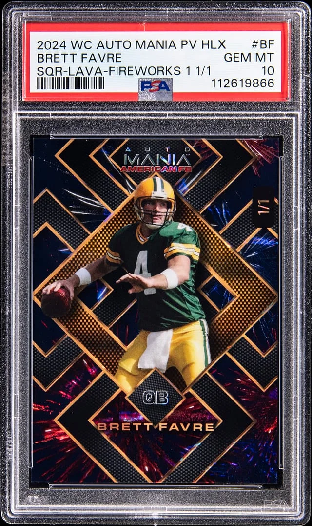 2024 Wildcard Auto Mania American Football Hololux Preview National Exclusives Square Lava Fireworks 1 Brett Favre #AMASQP-BF card image