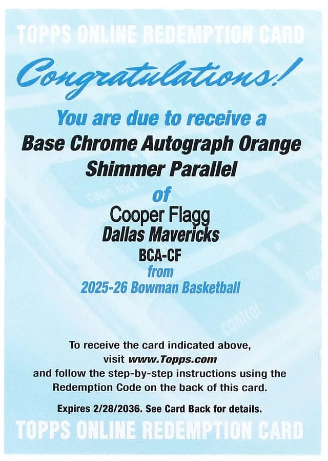 2025-26 Bowman Chrome Cooper Flagg Autograph Orange Shimmer #BCA-CF card image