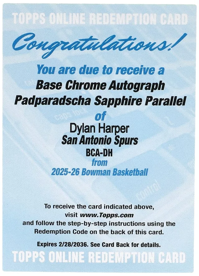 2025-26 Bowman Chrome Sapphire Dylan Harper Edition Autographs Padparadscha #BCA-DH card image