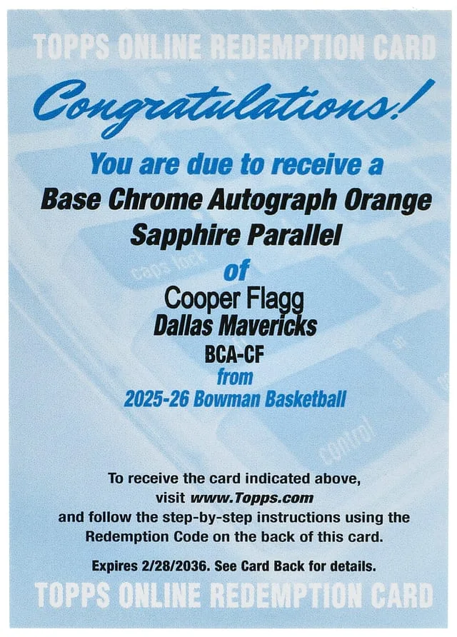2025-26 Bowman Cooper Flagg Sapphire Edition Chrome Autographs Orange Sapphire #BCA-CF card image