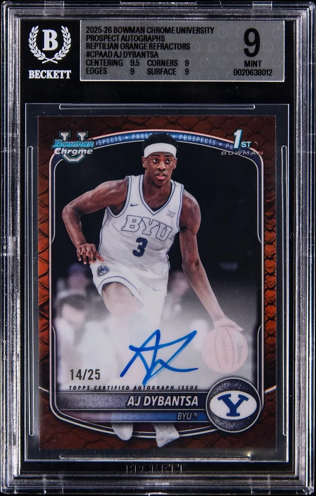 2025-26 Bowman University Chrome AJ Dybantsa Prospect Autographs Reptilian Orange Refractors #CPA-AD card image