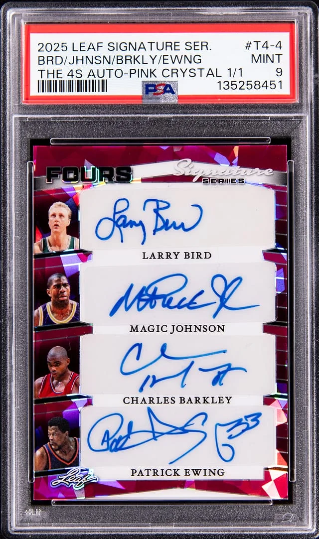 2025-26 Leaf Signature Series Larry Bird/Magic Johnson/Charles Barkley/Patrick Ewing Multi-Signed The 4's Autographs Pink Crystal #T4-4 card image