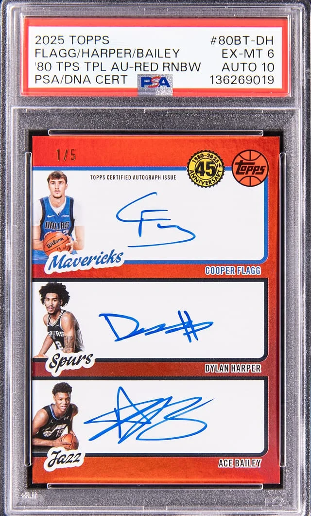 2025-26 Topps Cooper Flagg/Dylan Harper/Ace Bailey Multi-Signed 80 Topps Triple Autograph Red Rainbow #80BT-DH card image
