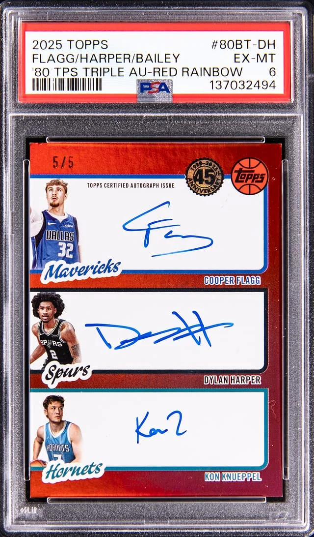 2025-26 Topps Cooper Flagg/Dylan Harper/Kon Knueppel Multi-Signed 80 Topps Triple Autographs Red Rainbow #80BT-CF card image
